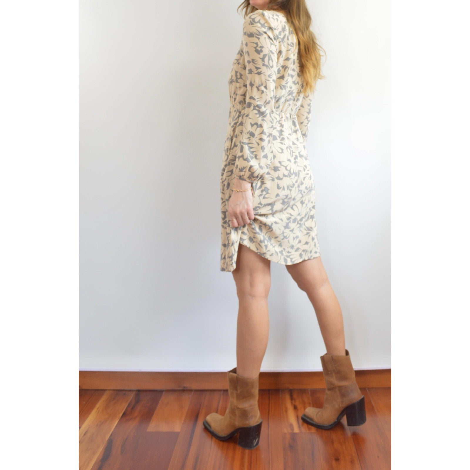 pure silk tie-neck knee length taupe and gray dress