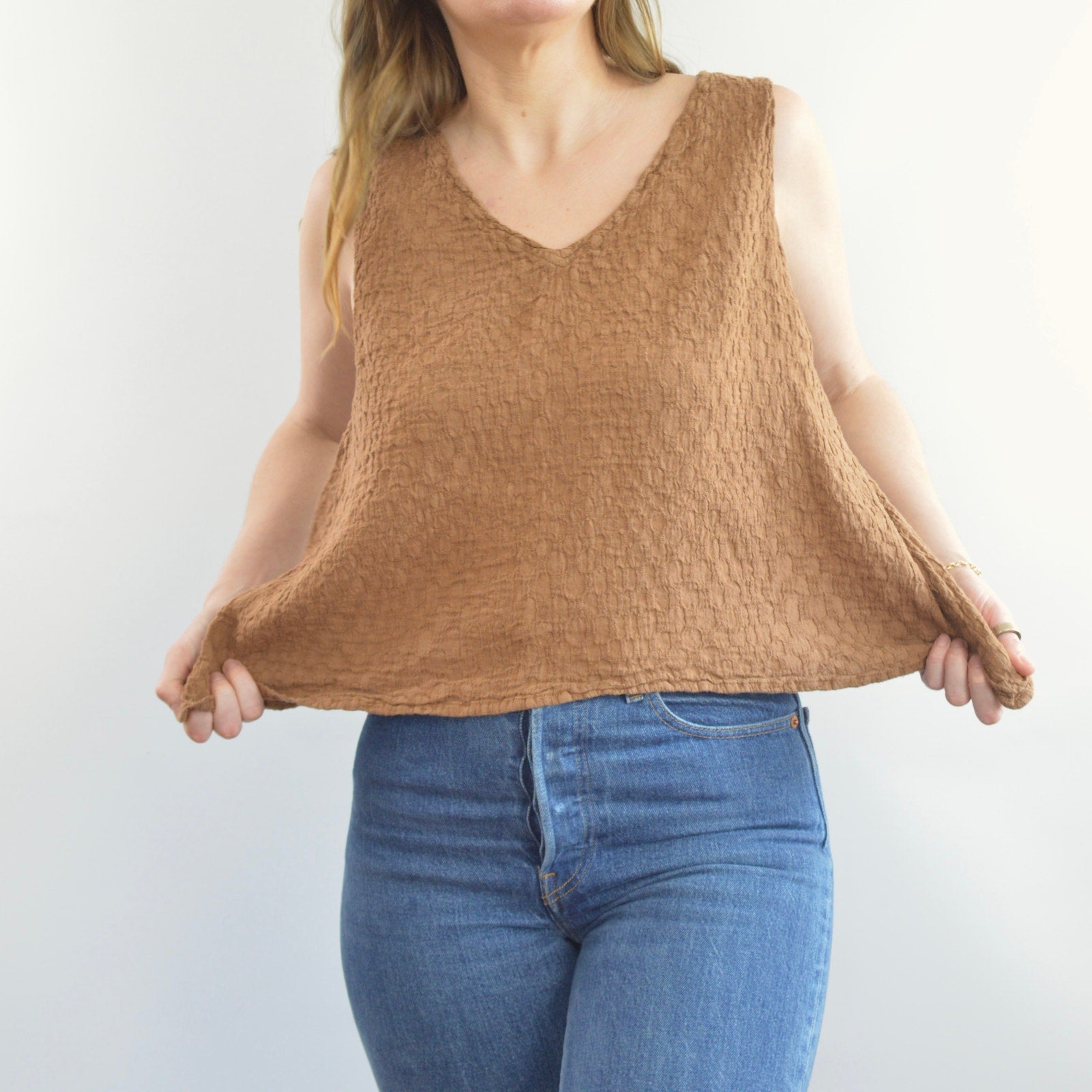 brown textured linen flax tank