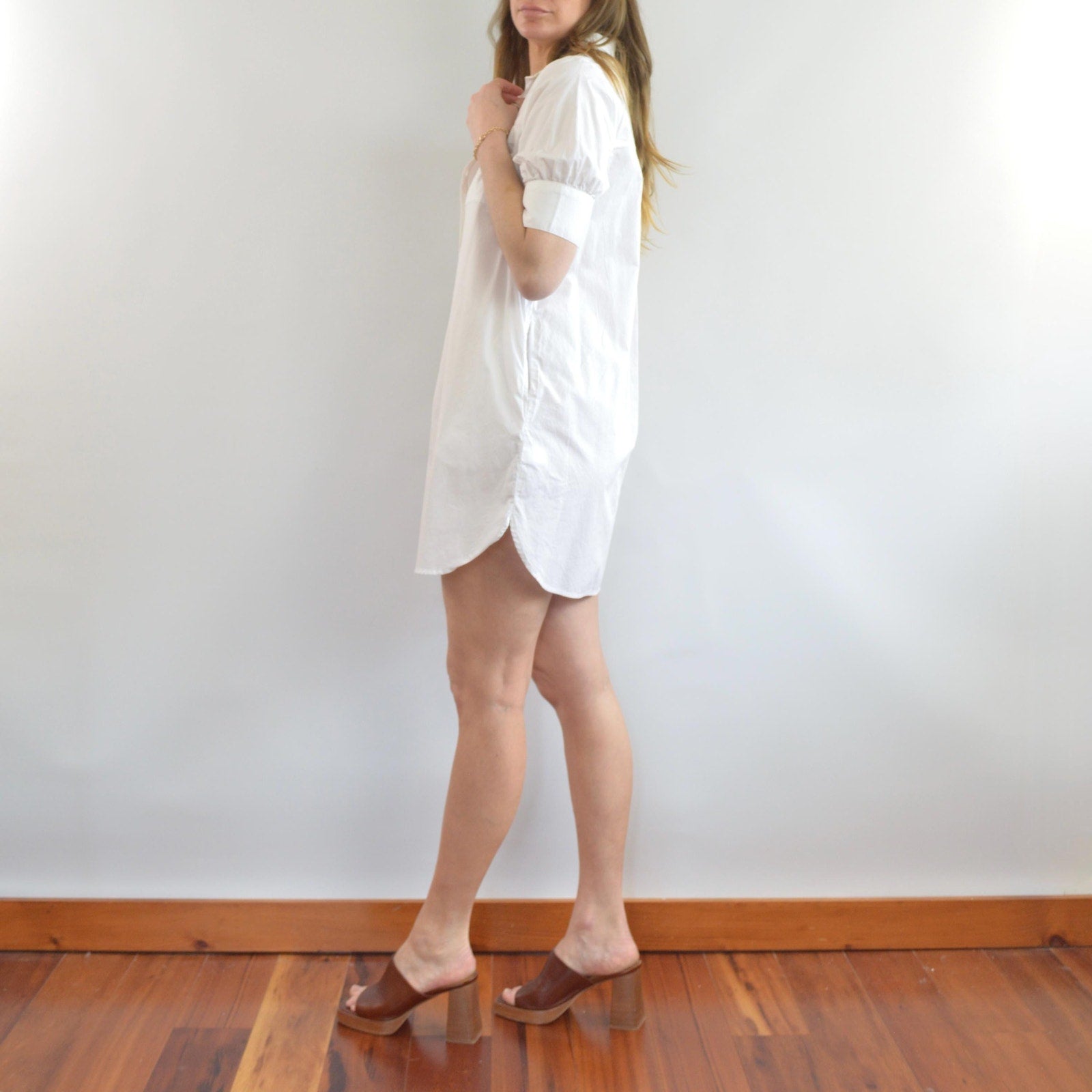 white cotton mini shirt dress