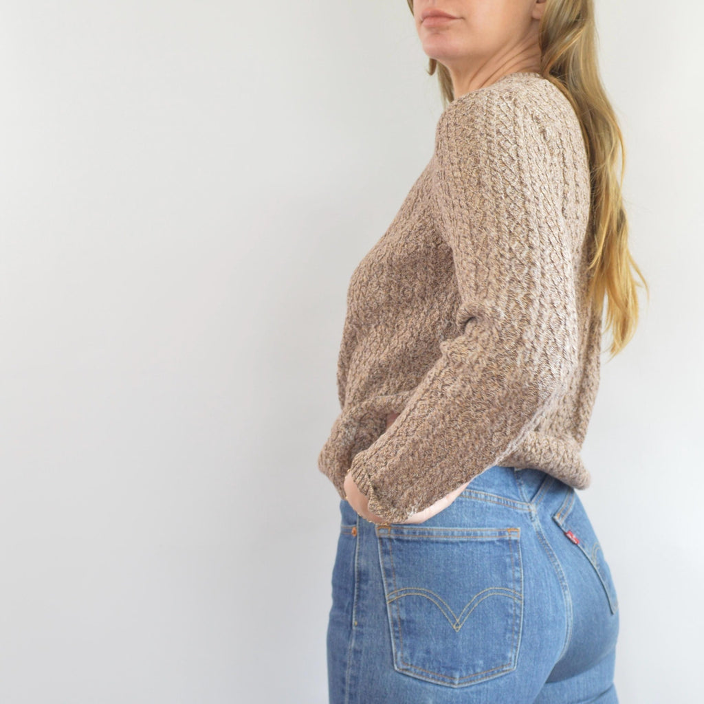 speckled brown and tan v-neck cotton cropped sweater