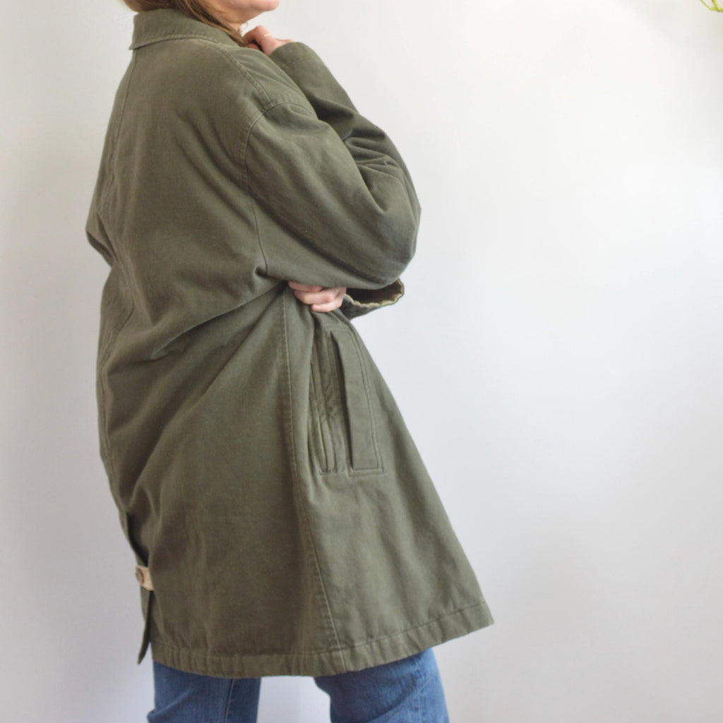 quilted olive green cotton mid length chore coat
