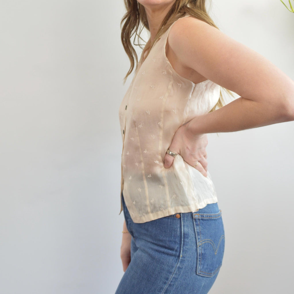 light pink pure silk botanical embroidered button down tank