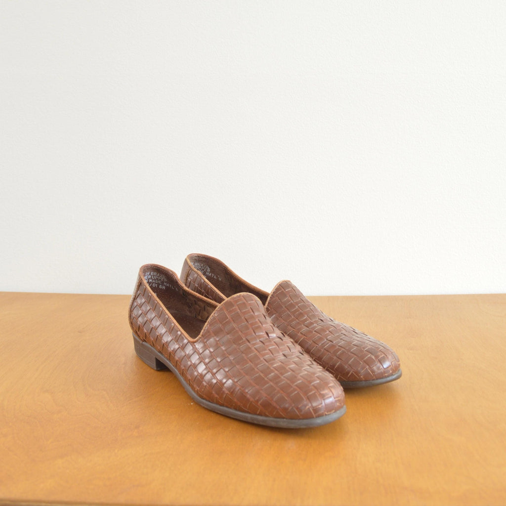 woven cognac leather loafers