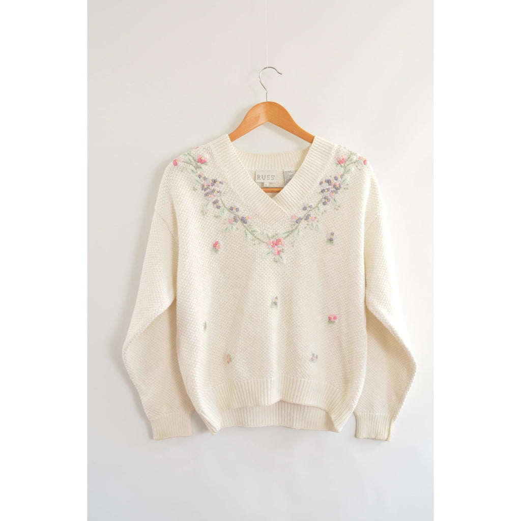 white cropped floral embroidered cotton blend sweater