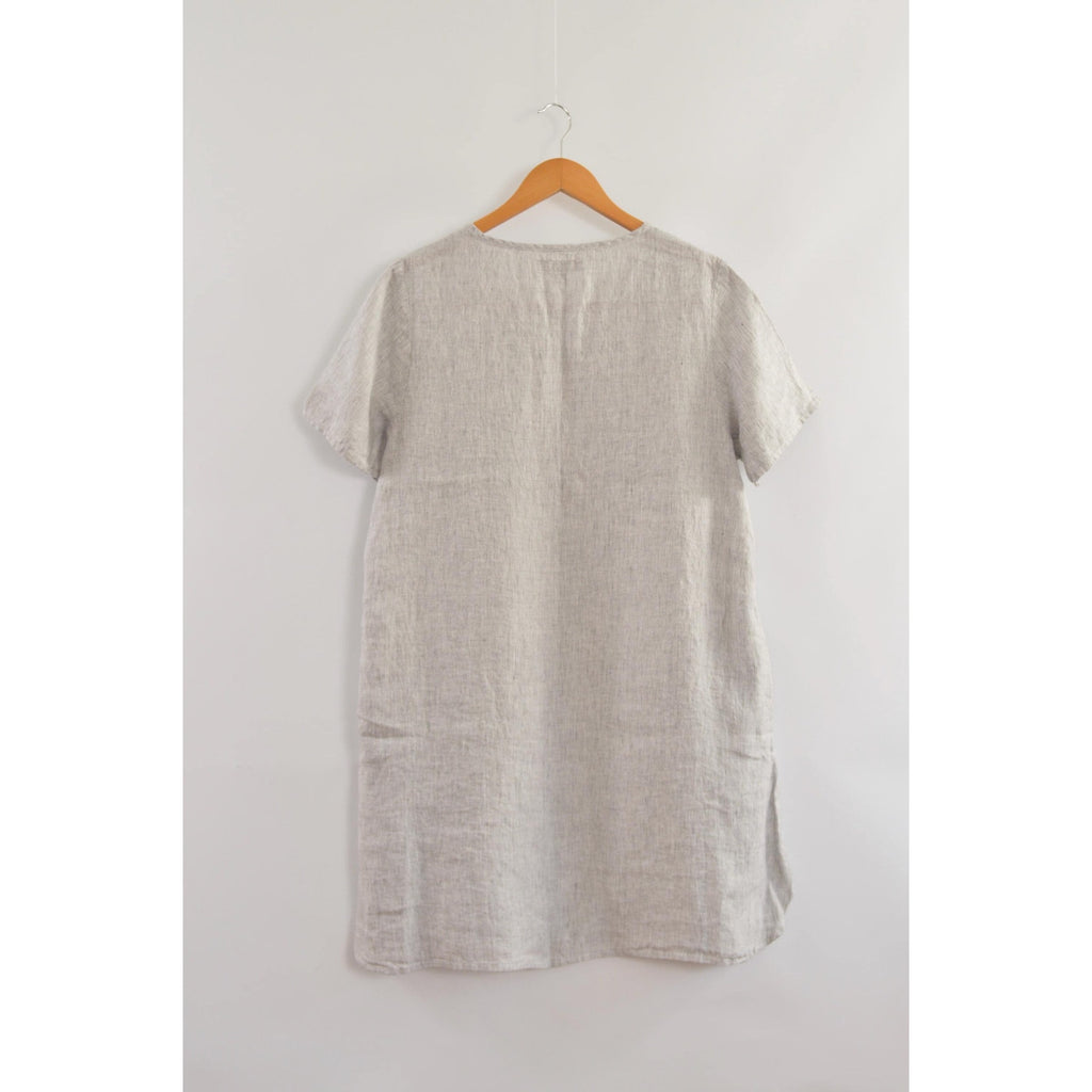 100% linen blue and white striped flax mini tee dress with pockets