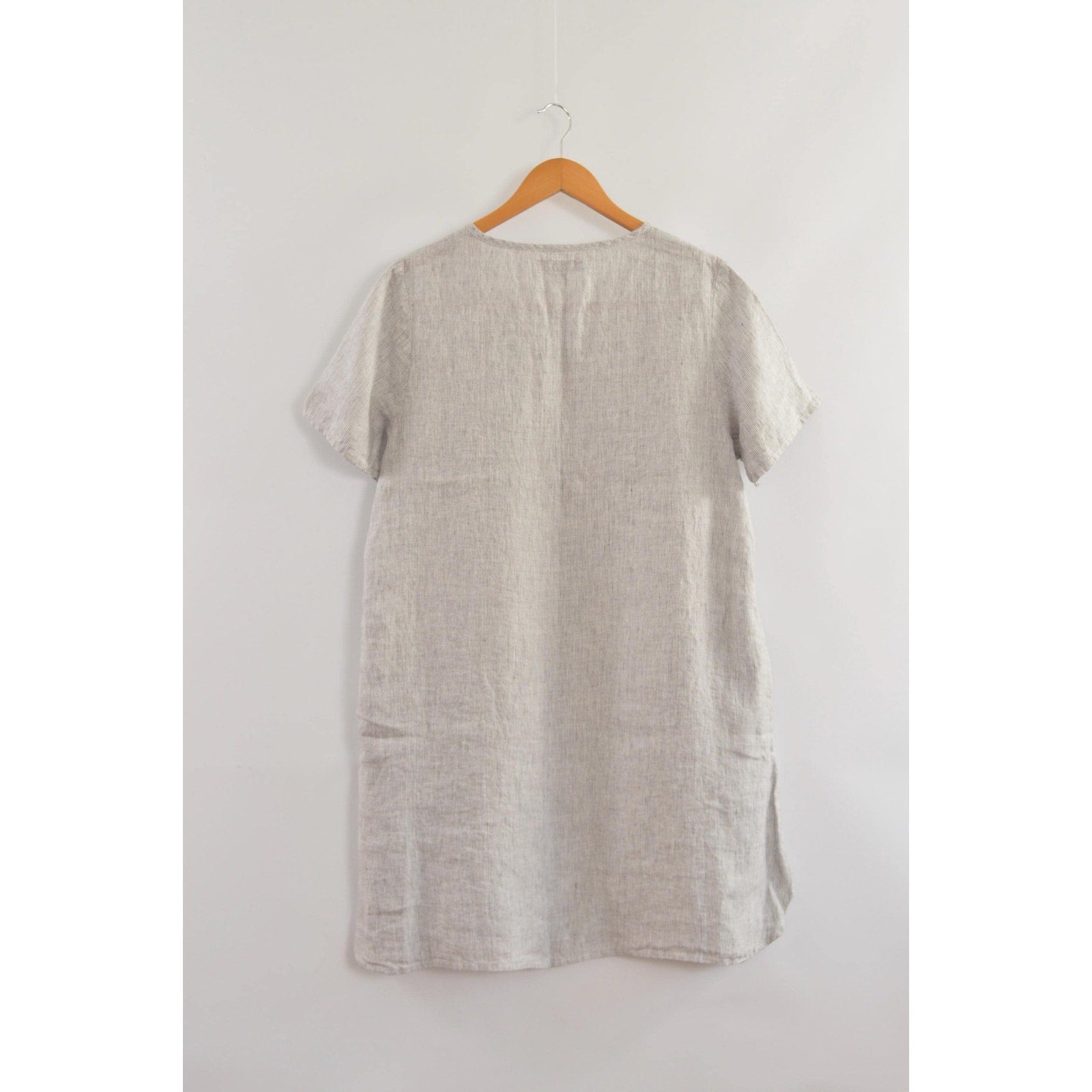 100% linen blue and white striped flax mini tee dress with pockets