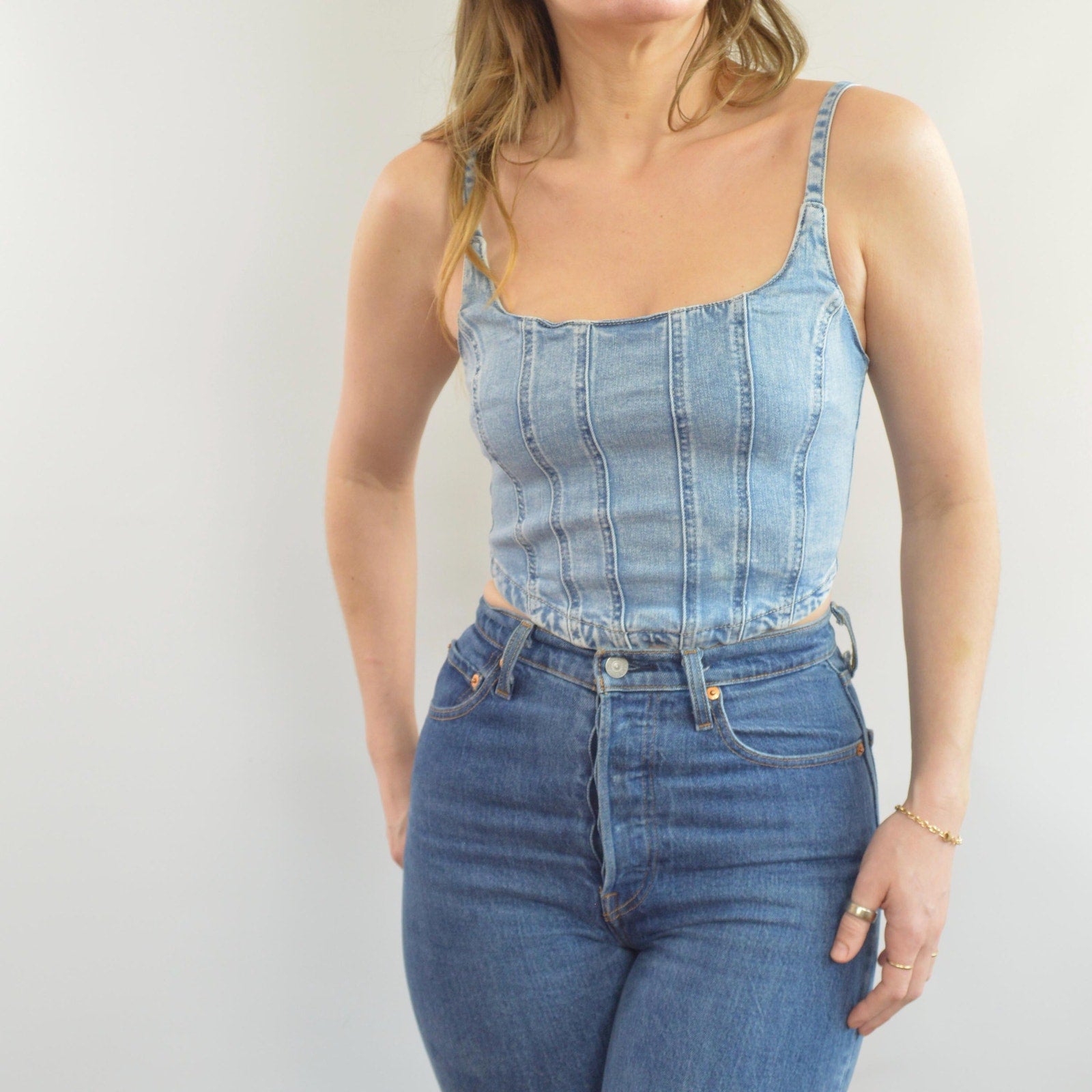 medium wash denim bustier tank with adjustable straps