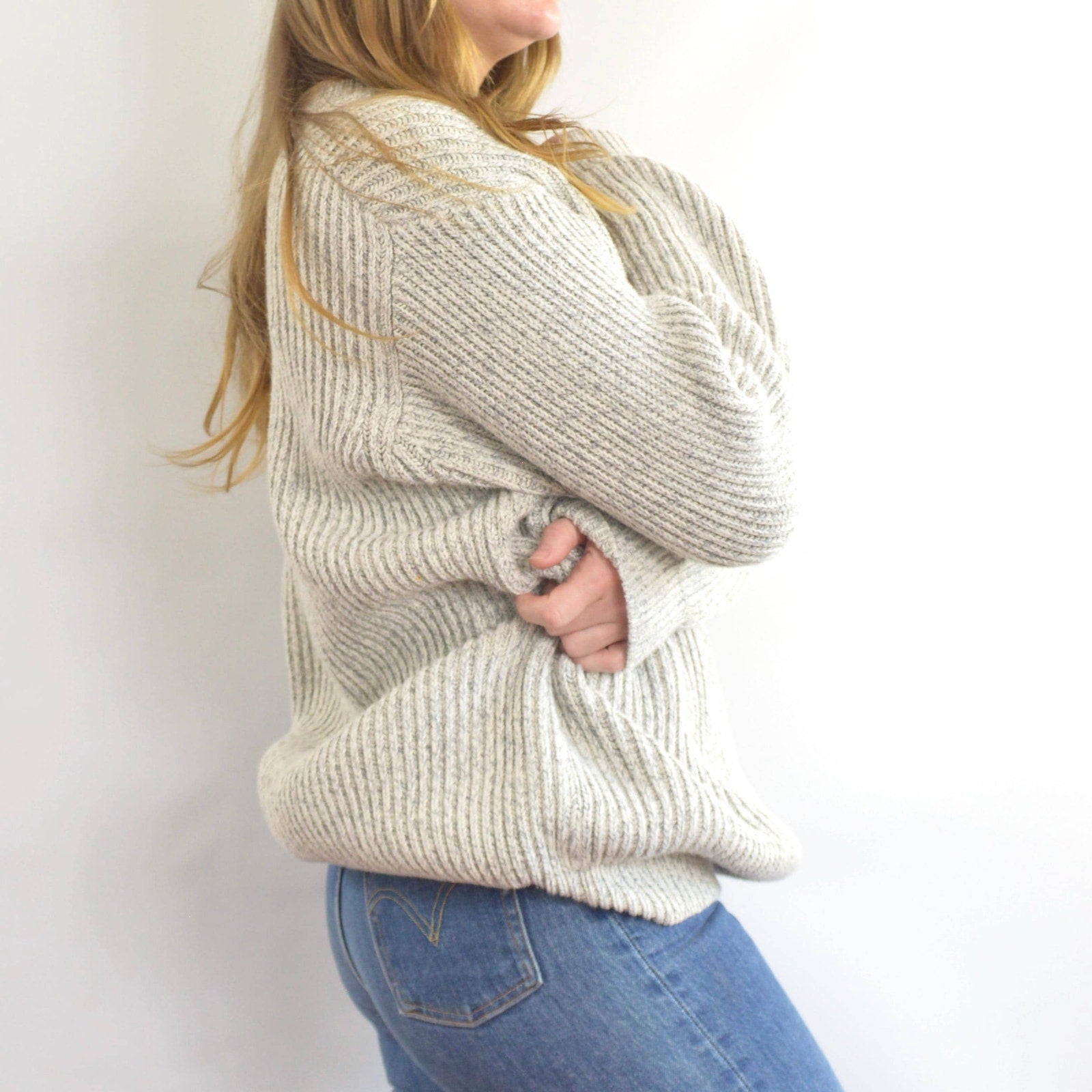 blue and white marled knit cotton quarter button vintage ll bean sweater