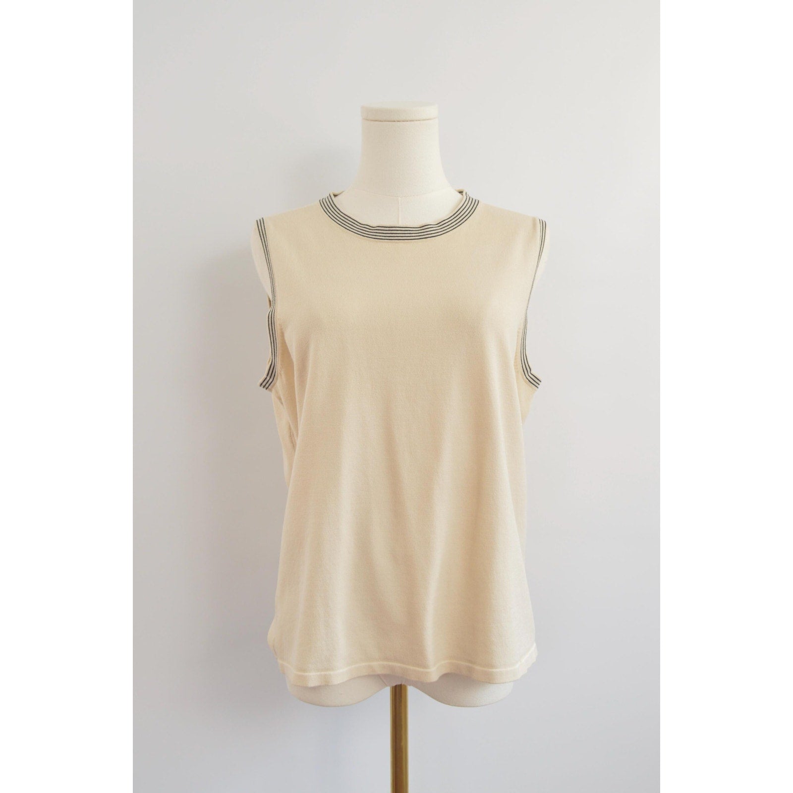 sweater knit silk blend tank with black striped banding around neck and sleeves