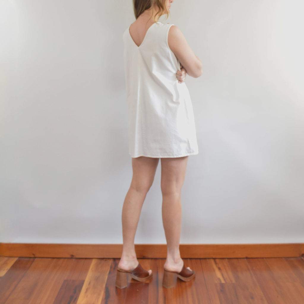 thick structured white denim mini dress