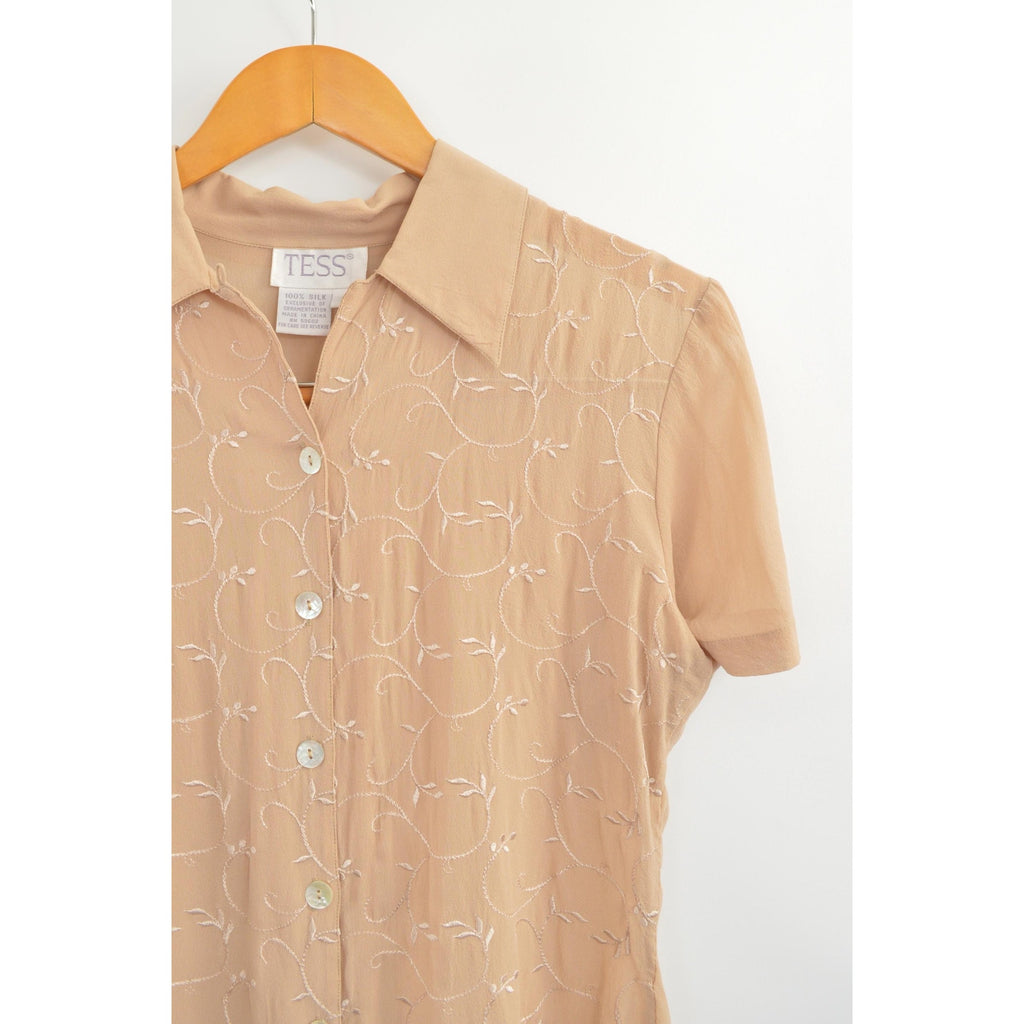 dusty rose beige embroidered silk button down blouse