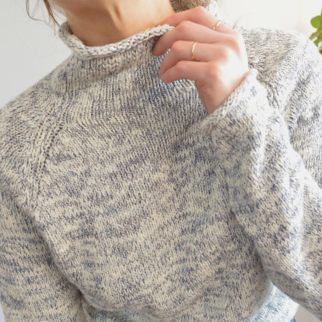pure cotton blue and white speckled mock neck ll bean sweater