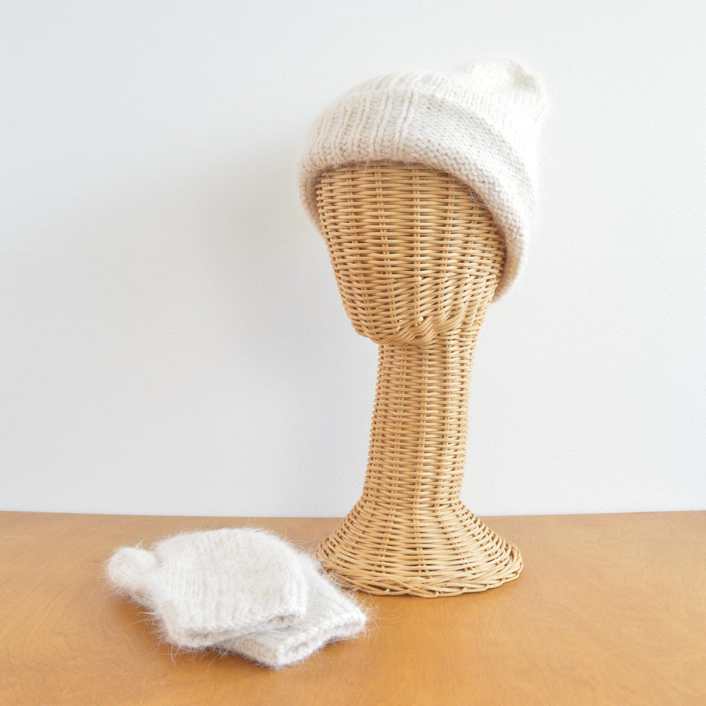 light beige vintage cashmere and alpaca hat and mitten set