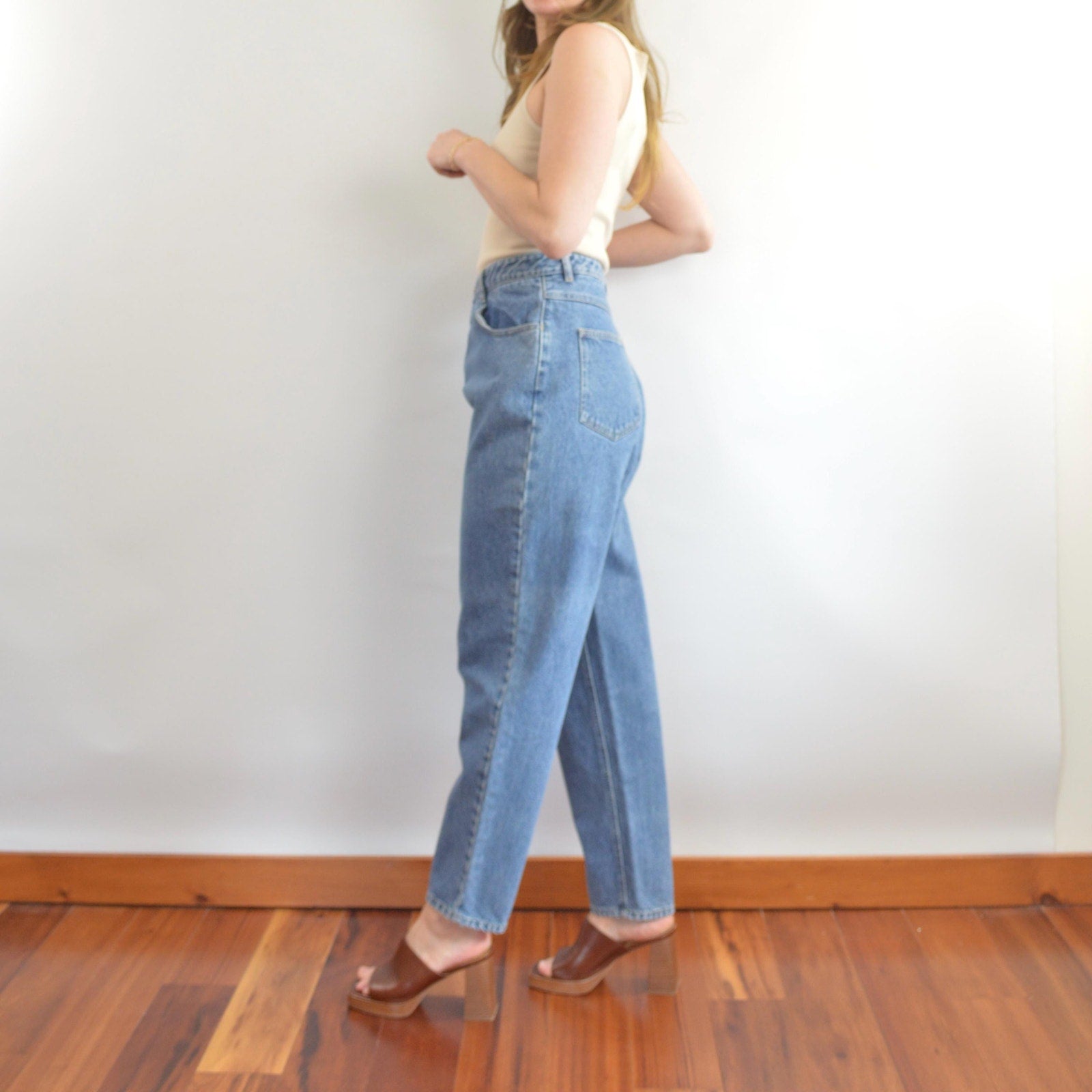 35 x 30 mid wash high rise tapered jeans