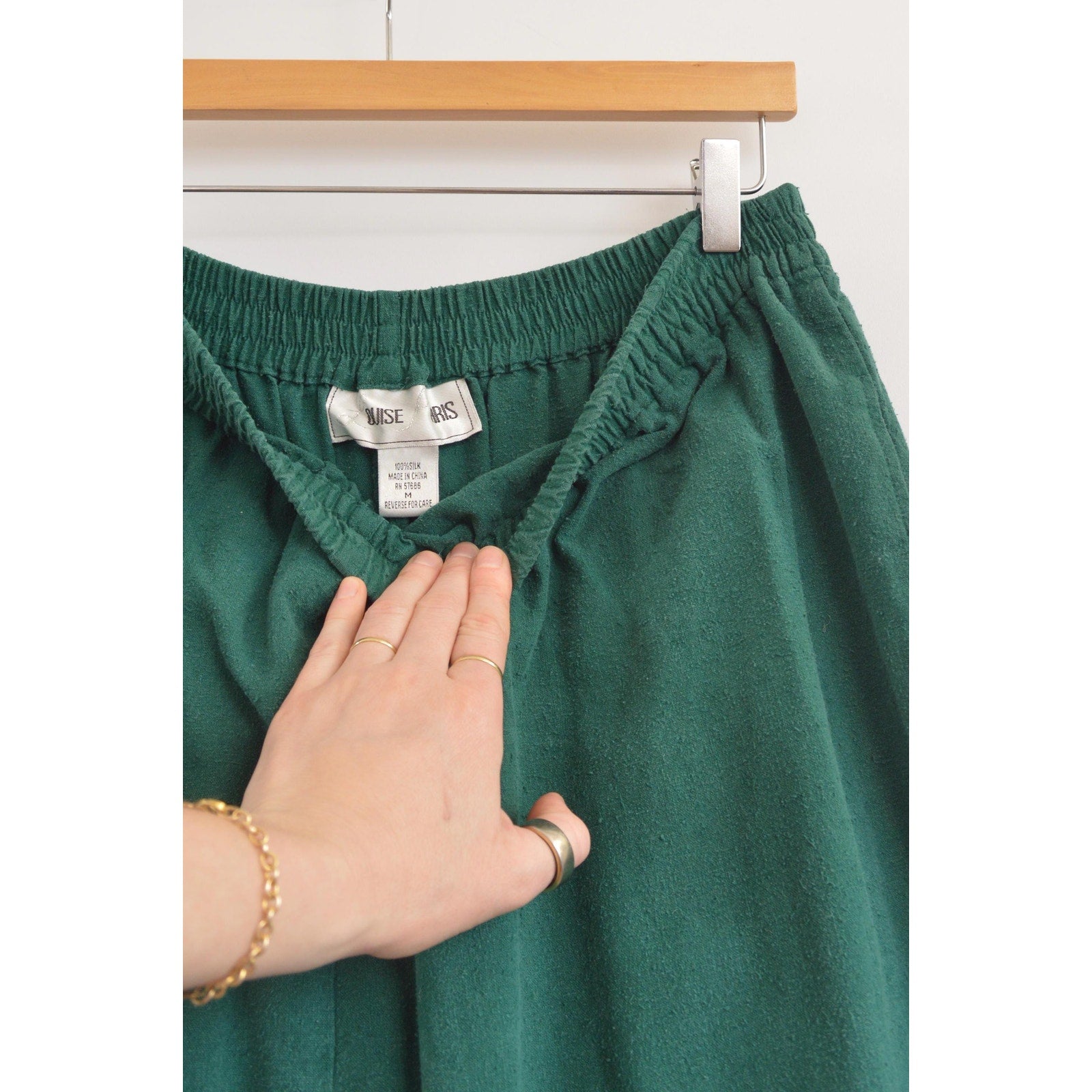pure silk green elastic waist midi skirt with pockets