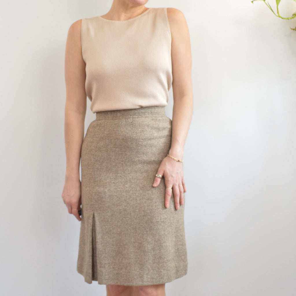 small vintage saks fifth avenue beige and brown woven wool side split skirt