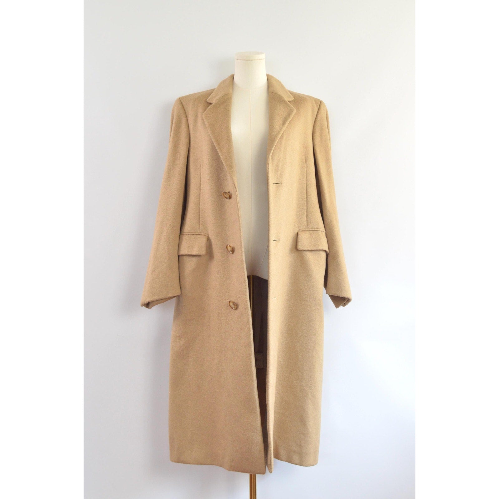 lux camel tan long wool/cashmere blend overcoat