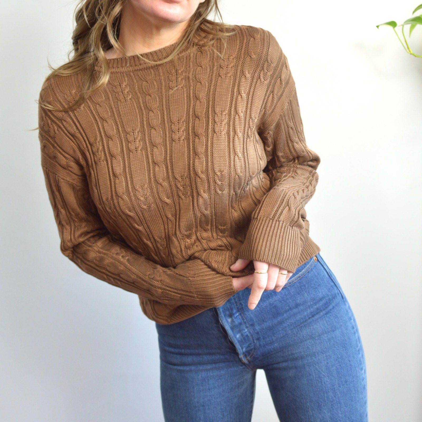 pure silk warm light brown cable knit crew neck sweater