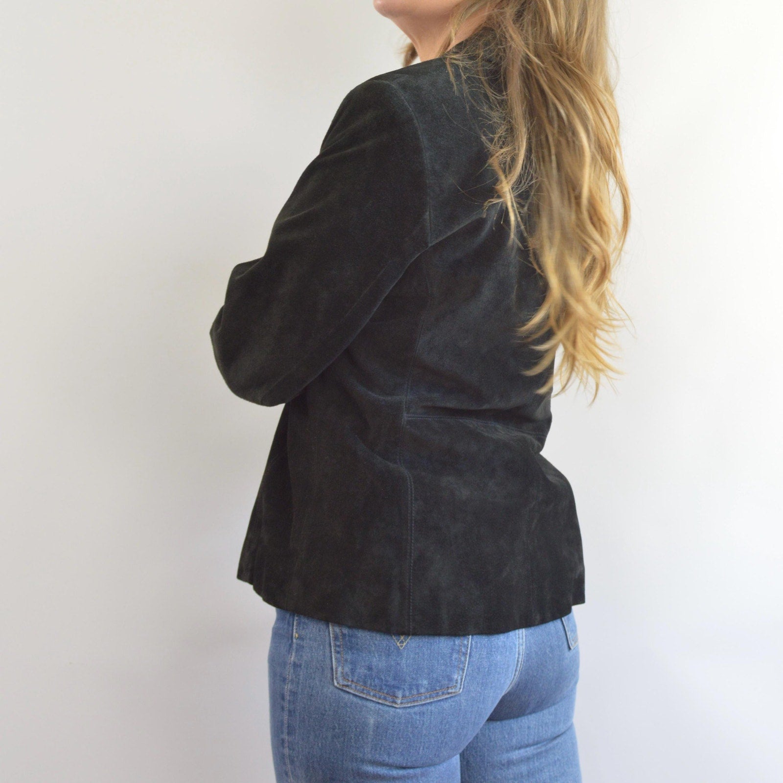 pure suede leather black slightly cropped single button jacket