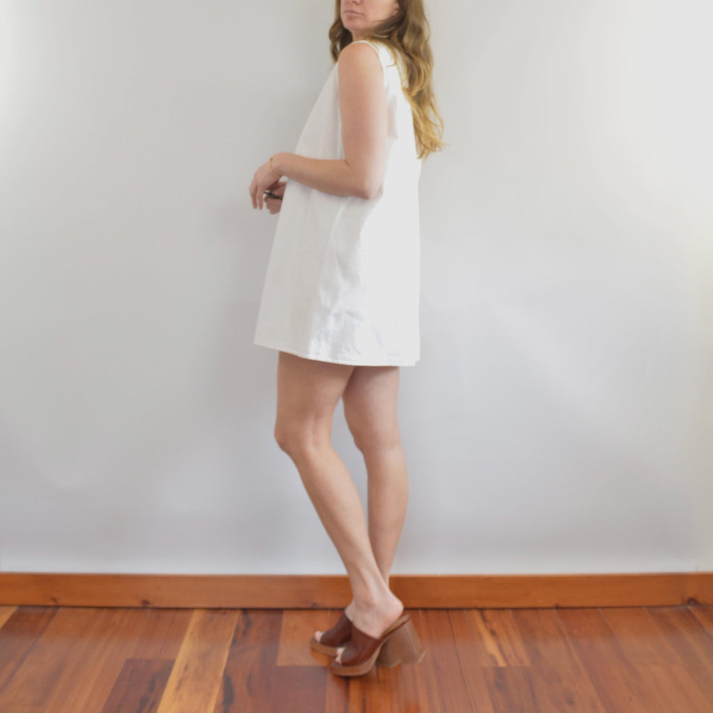 thick structured white denim mini dress