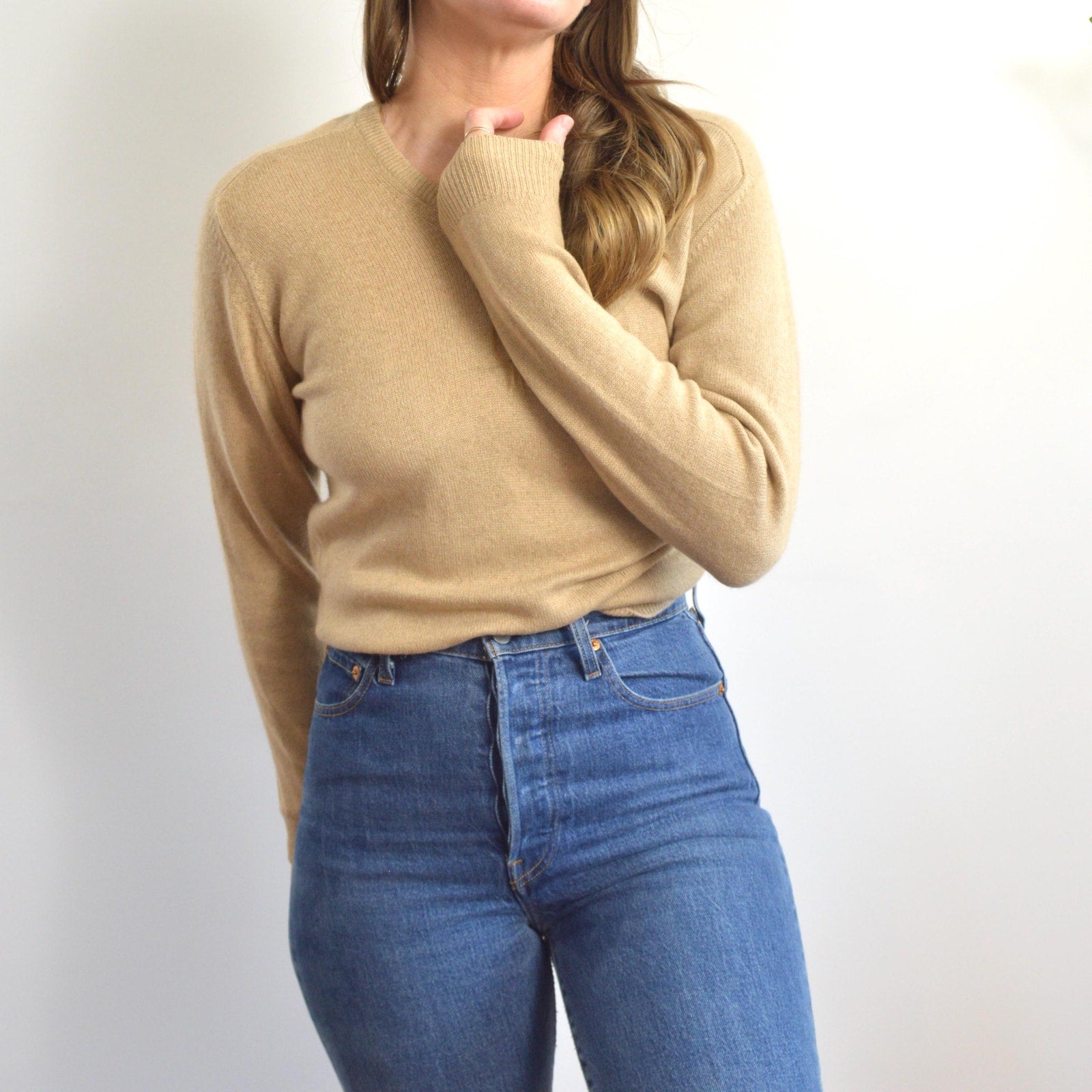 petite camel tan vintage 100% cashmere v neck sweater