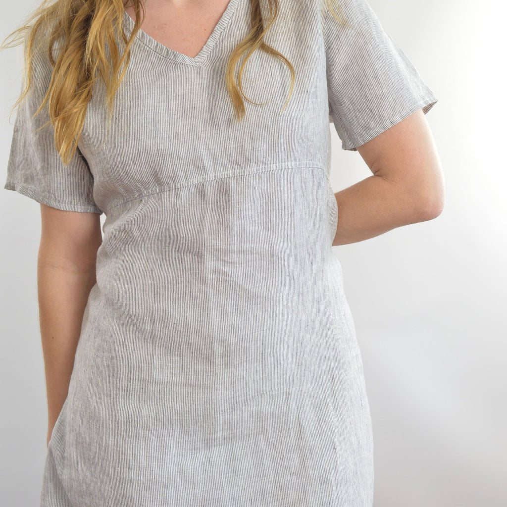 100% linen blue and white striped flax mini tee dress with pockets