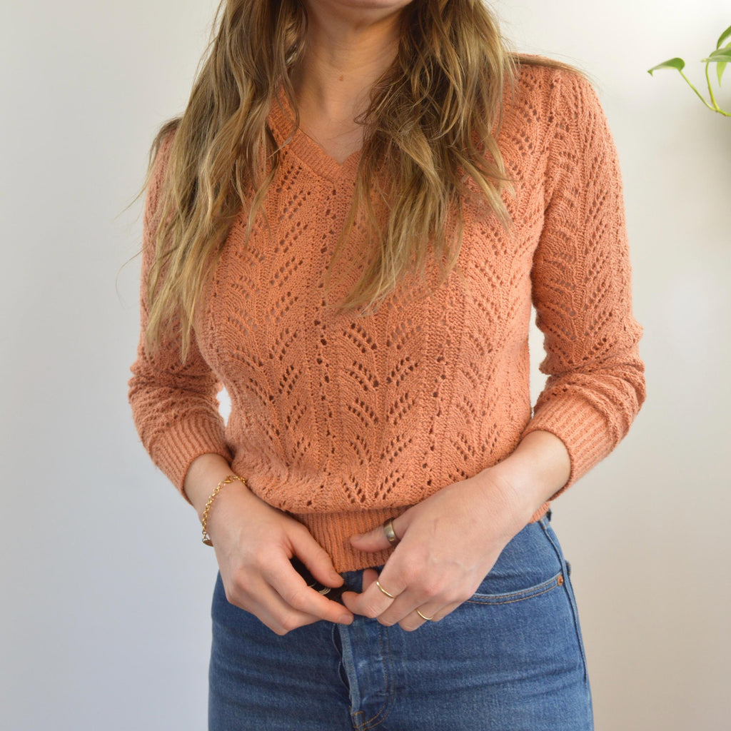 pure gould open knit dusty rose v-neck cropped sweater