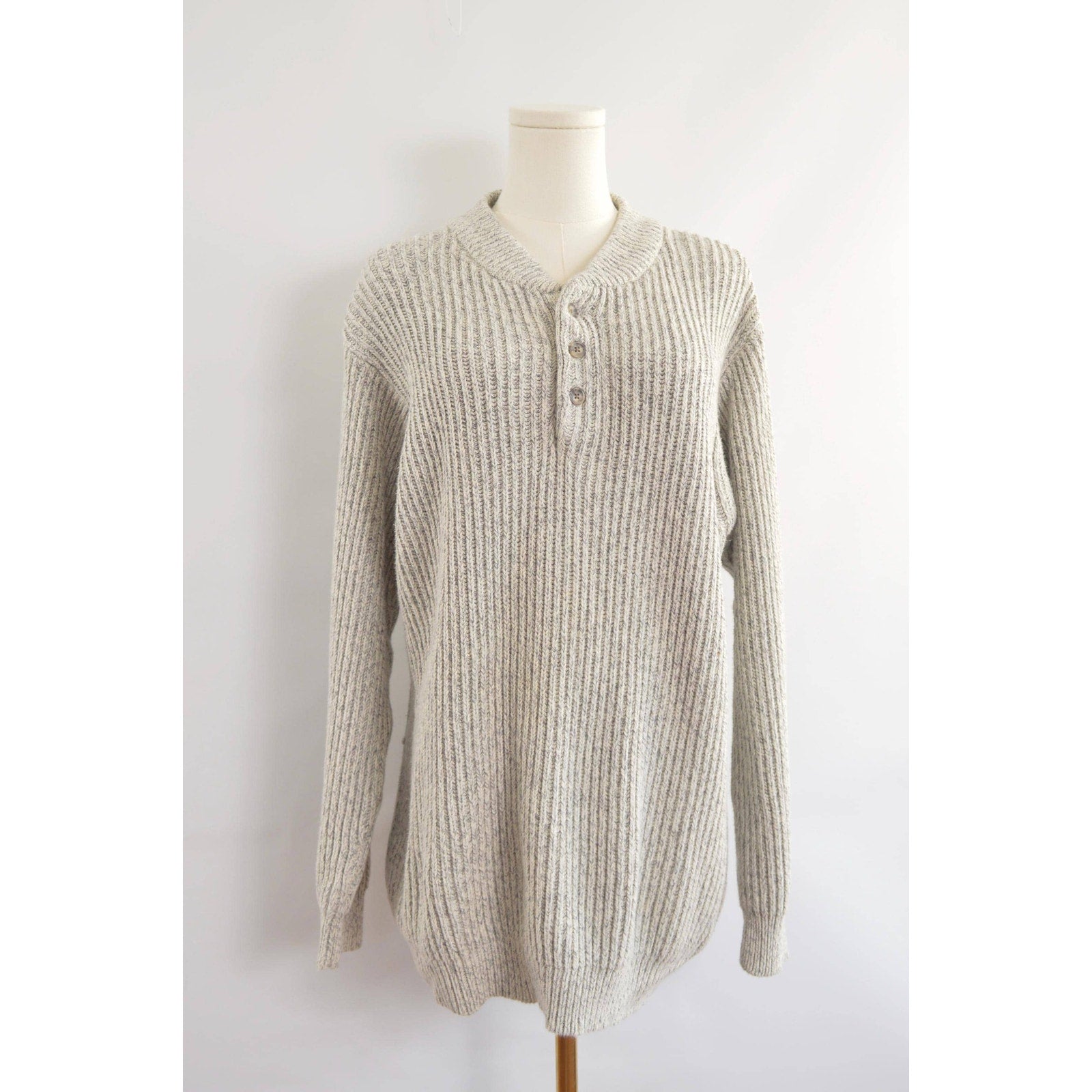 blue and white marled knit cotton quarter button vintage ll bean sweater