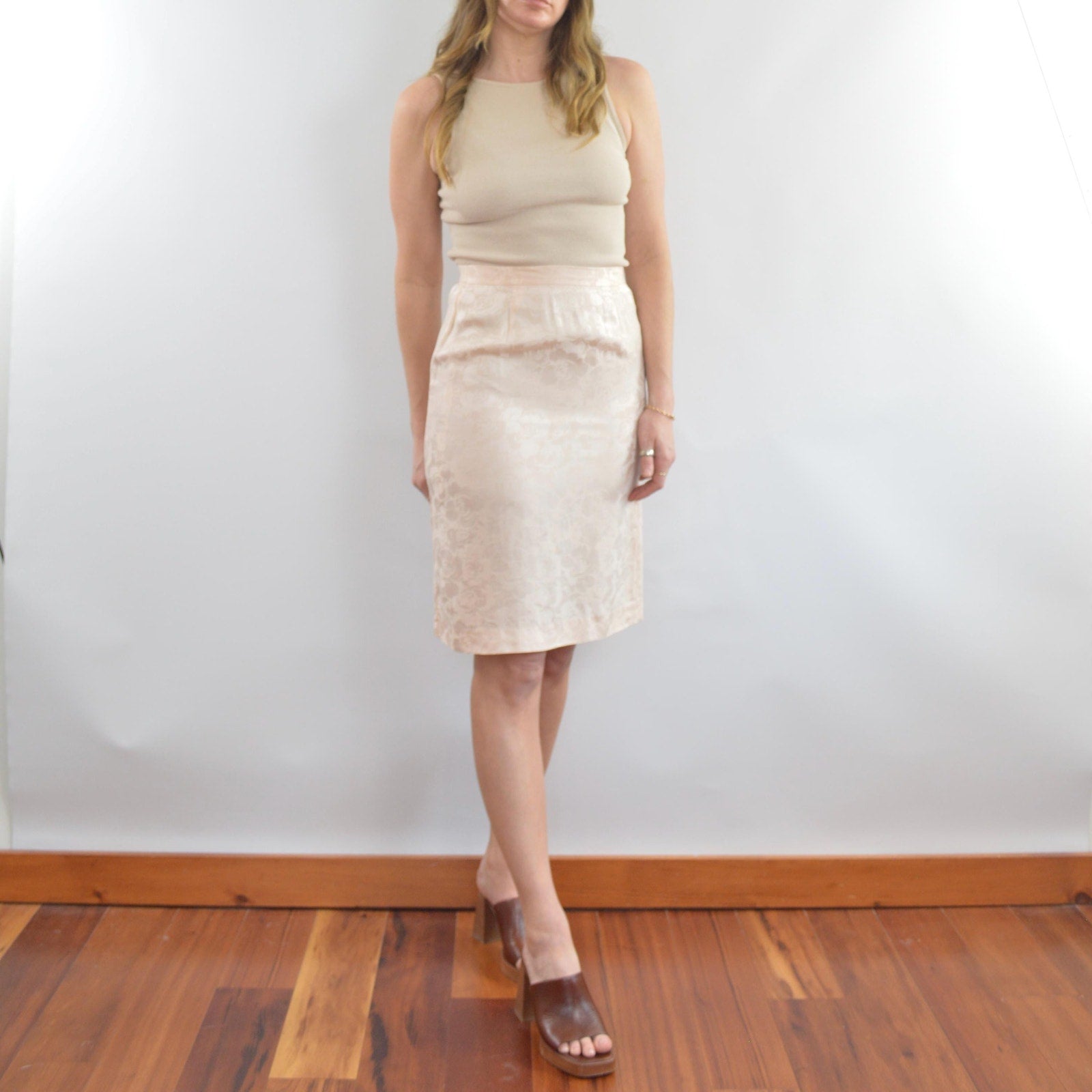 light pink floral embossed 100% silk vintage knee length skirt