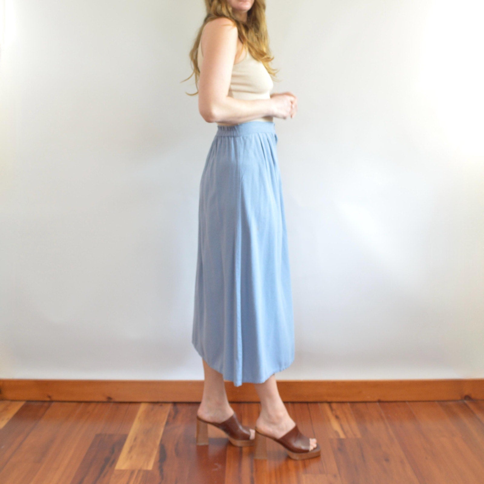 100% silk robins egg blue button down elastic waist midi skirt