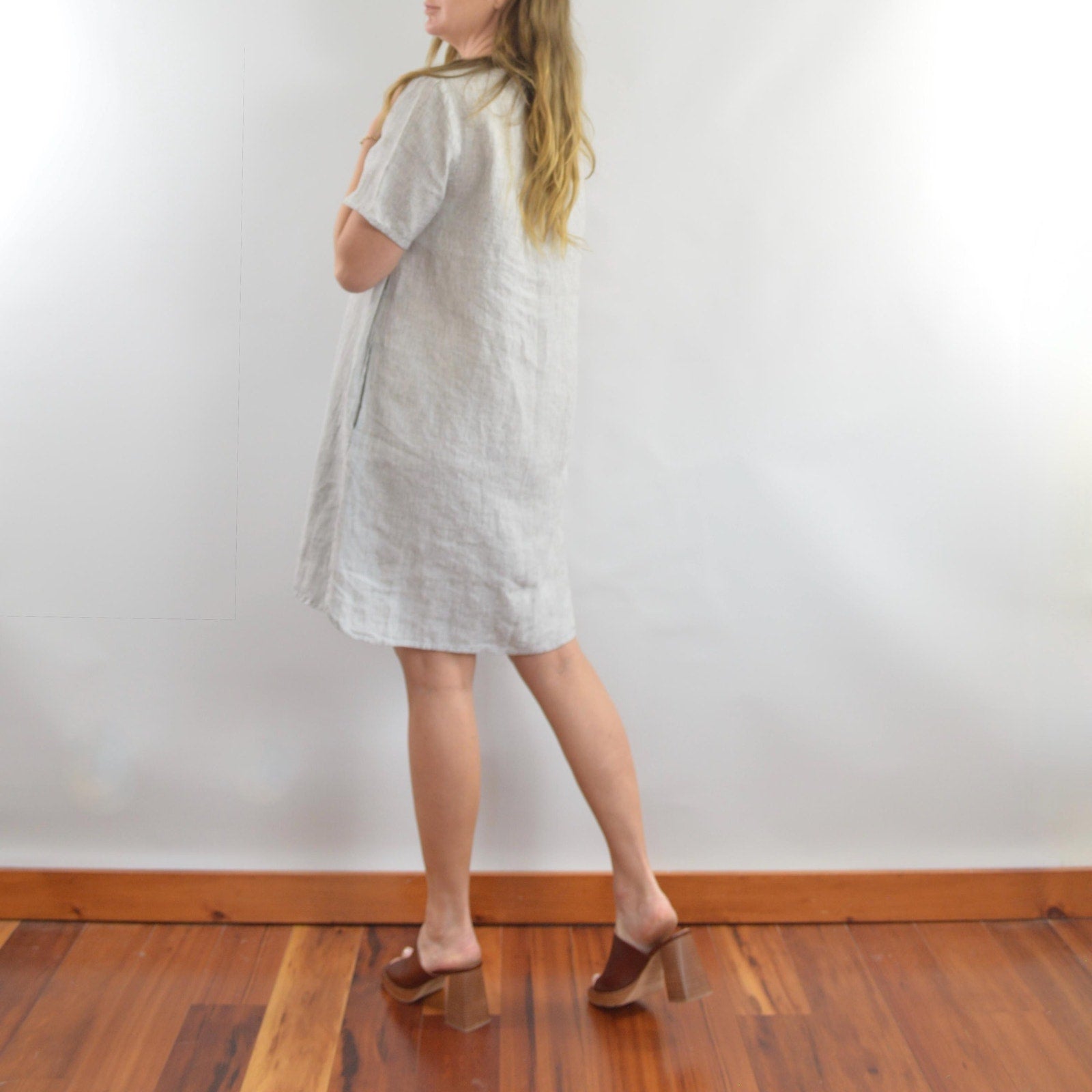 100% linen blue and white striped flax mini tee dress with pockets