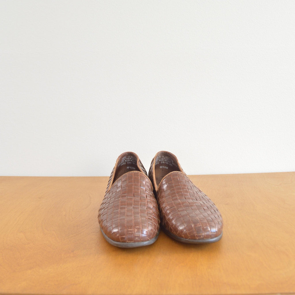 woven cognac leather loafers